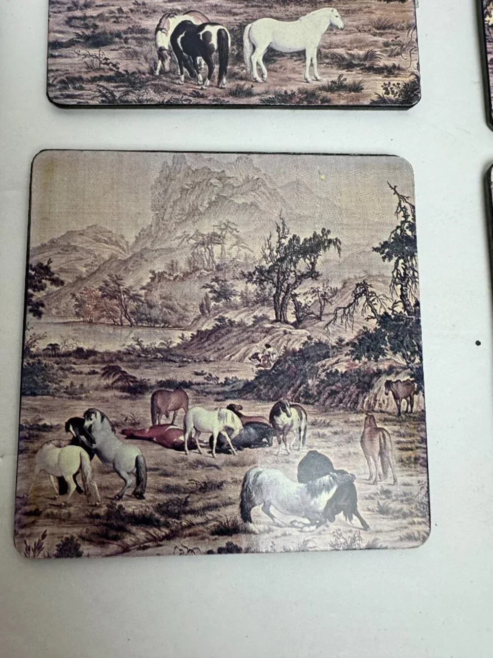 Vintage Set of 6 Decorative Coasters Asian - Inspired Pastoral Landscape Horses